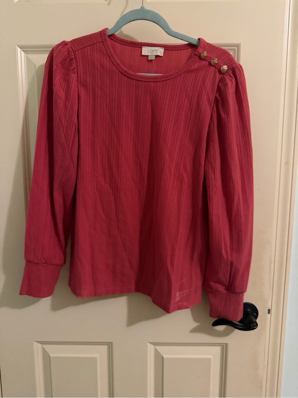 LOFT Ribbed Crewneck Top in Deep Pink with Button Detail
